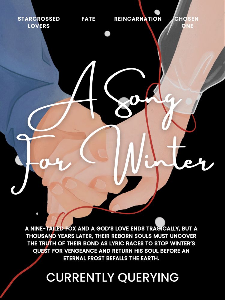 A movie poster with "A Song For Winter"  written in bold white cursive across the middle. A close up of two hands holding each other with a red string loosely wrapped around them on a black background. It is snowing. 