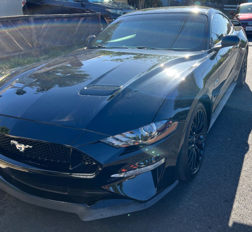 2020 Mustang GT, in Shadow Black, seen in 3/4 view from the front driver's side, on a very sunny day. It's parked on the street.