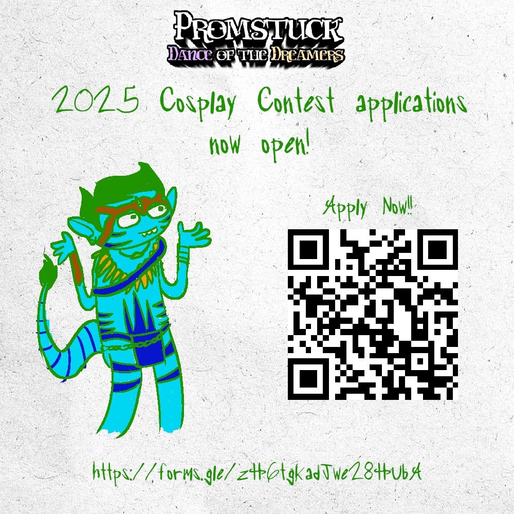 Drawing of Jake English cosplaying Neitiri. Text says "2025 Cosplay Contest Applications now open! Apply now!!". Link and QR code are shown on screen