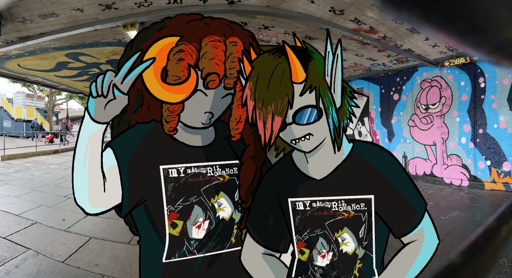 Aradia and Sollux drawn over a photo of a grafittied garage. They are modeling the Promstuck My Matesprit Romance shirts. Sollux has emo hair with red tips in the front and blue tips towards the back. Aradia has bleached front sections (bangs and around the face).