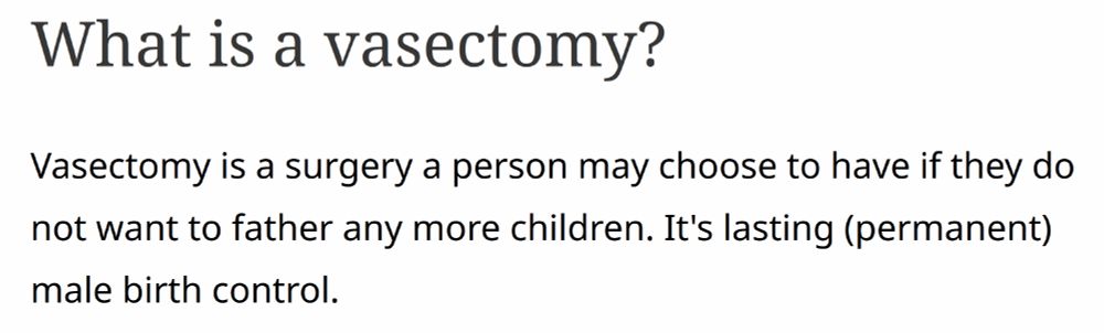 A screenshot from the web page titled "Vasectomy" within the "Treatments, Tests and Therapies" section, which is a subsection within the "Health" section, on the Johns Hopkins Medicine website. It reads: "Vasectomy is a surgery a person may choose to have if they do not want to father any more children. It's lasting (permanent) male birth control."