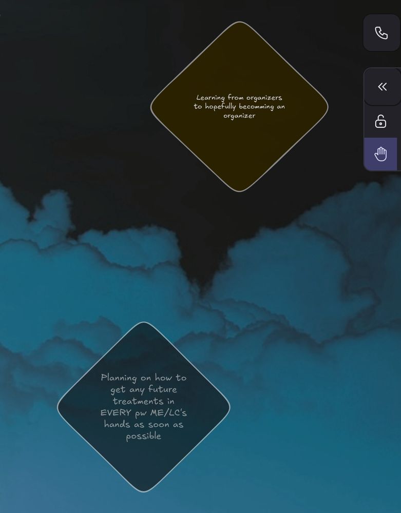 Screenshot of a two sticky’s,

One says “Learning from organizers to hopefully becomming an organizer”

Another says, “Planning on how to get any future treatments in EVERY pw ME/LC'S hands as soon as possible”