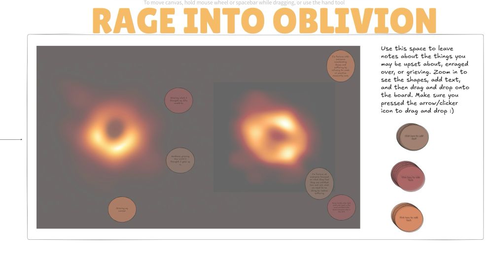 Rage into oblivion activity space. An image of two black holes with circular sticky notes pasted on top.