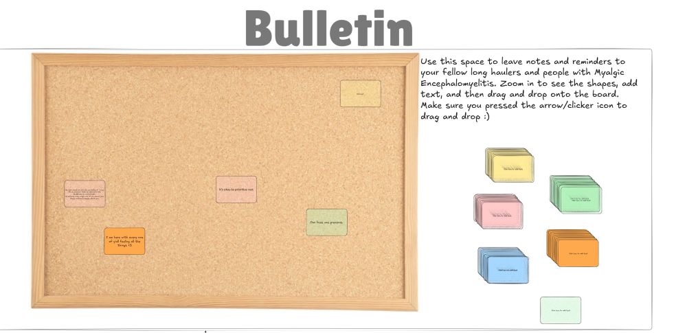 The image is a screenshot of the bulletin activity space. It is a picture of a brown bulletin board and there are sticky’s on it. There are instructions and sticky’s to the side as well.