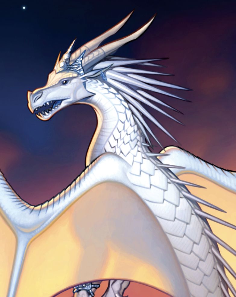 Queen Snowfall of the IceWings, from the Wings of Fire novel series. A dragon with stunning white scales and horns and light-coloured wings. 