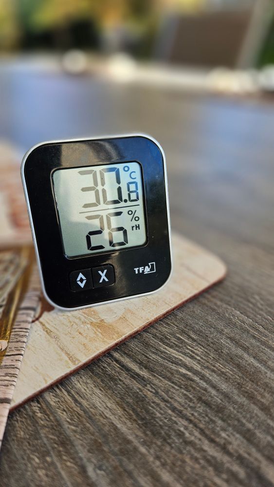 Temperaturmesser auf einem Tisch. Er zeigt 30.8 Grad an.