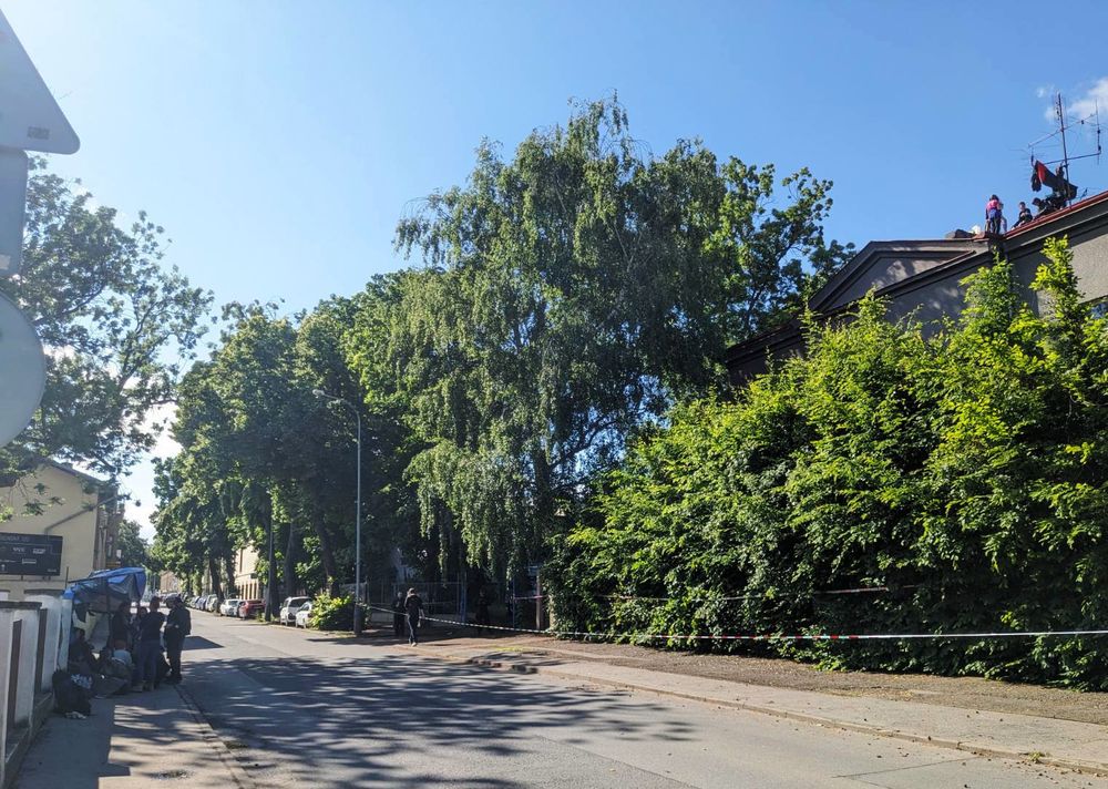 ulice; vpravo dům zarostlý zelení se skupinou lidí na střeše; vlevo na chodníku improvizovaný přístřešek a skupina podporovatelů obránců squatu
