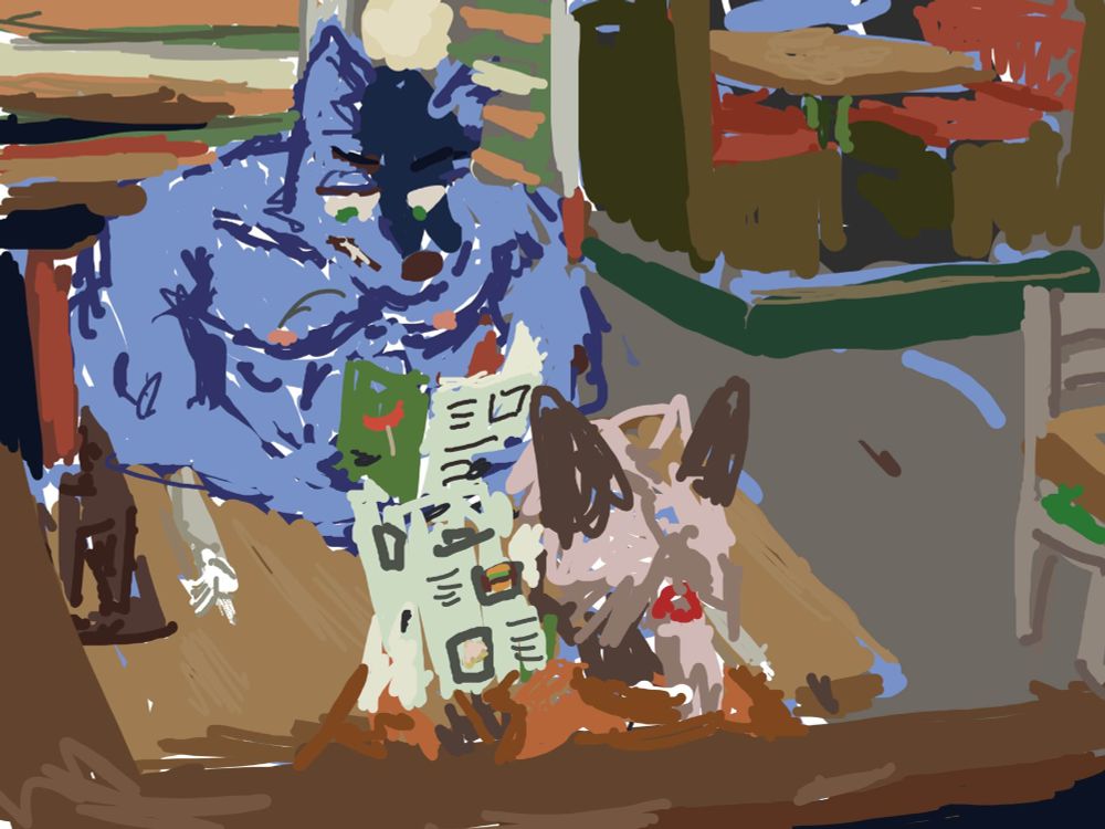 digital painting of two characters ordering food from a fast casual restaurant. One character is a large blue anthropomorphic wolf with green eyes and dark blue hair, he is not wearing any clothes in the image (though he has a speedo we can't see). Opposite him is a border collie woman, she is looking at the menu and sees some impressionistic pictures of the menu. her expression is not visuble, whereas her dinner partner looks confused at the options presented to him. There is also various pieces of restaurant furniture in the background and they got their cutlery wrapped in a napkin beside them.