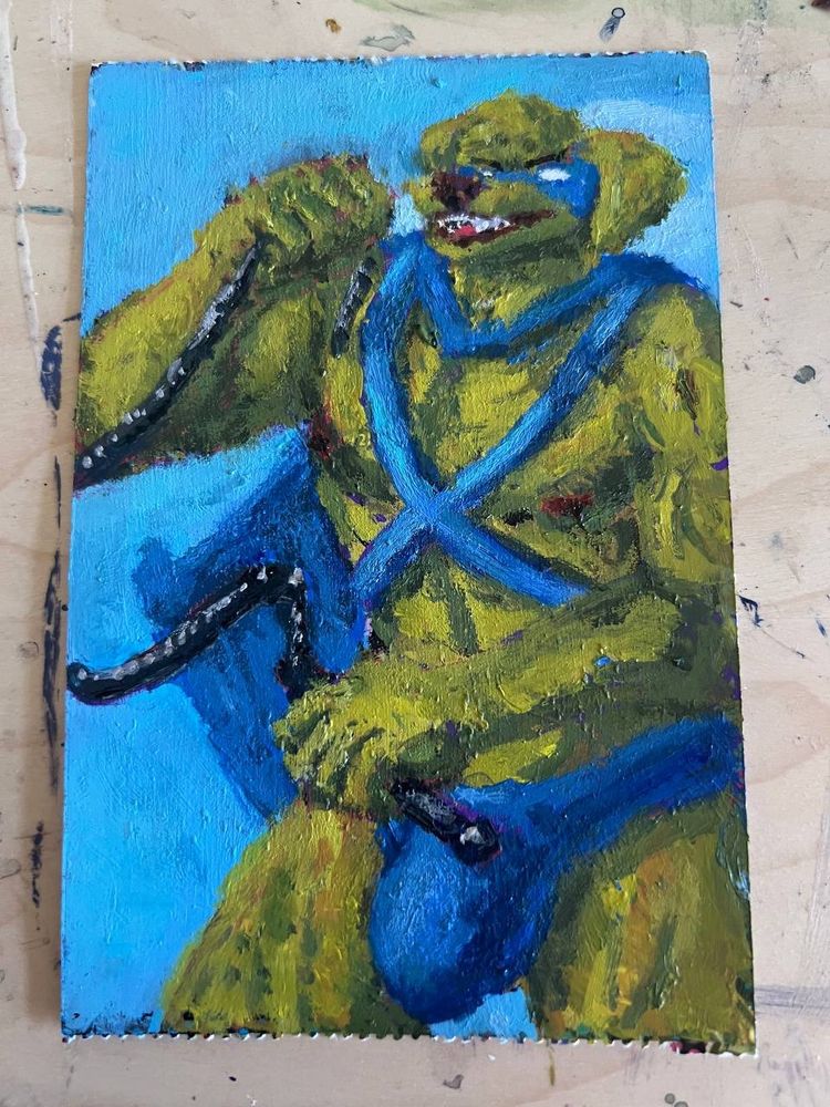 Acrylic Painting (2025) of a buff superhero that is an anthropomorphic golden retriever holding a whip and wearing skimpy clothes.