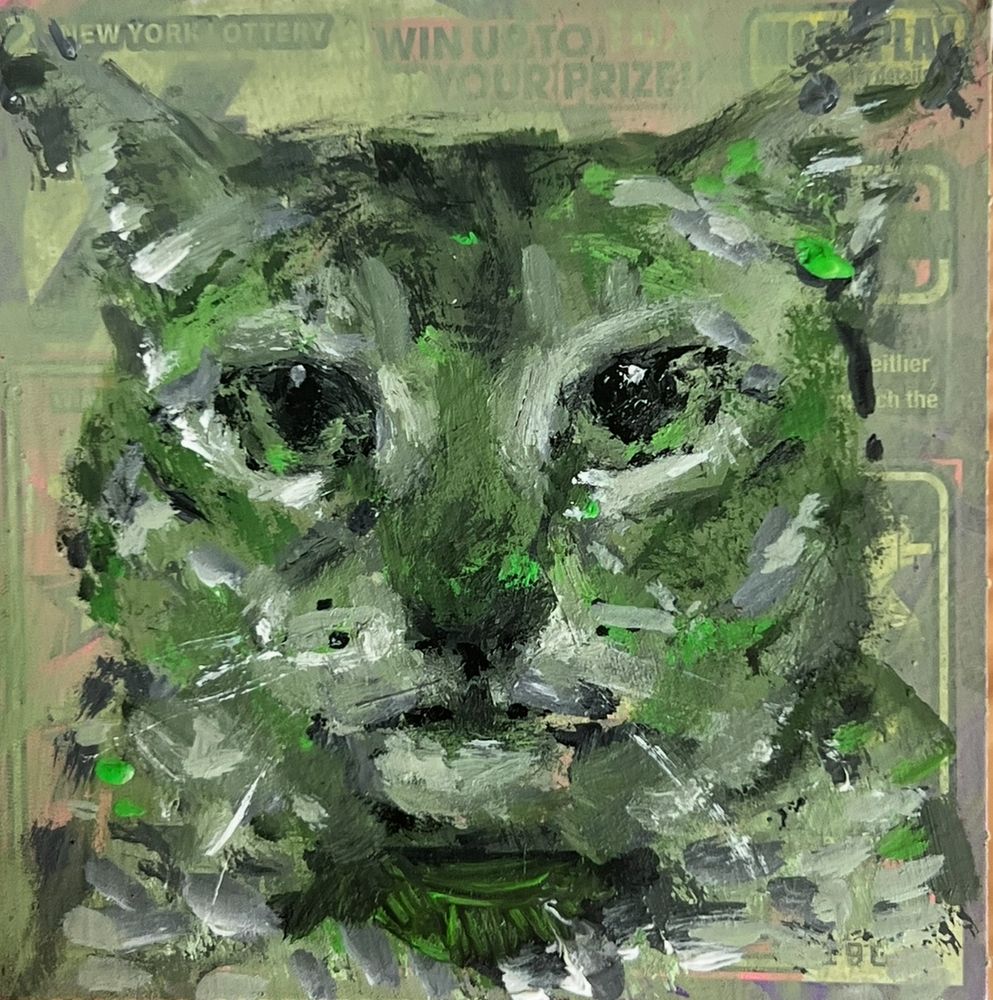 Acrylic Painting of a green cat, her expression is enigmatic. 