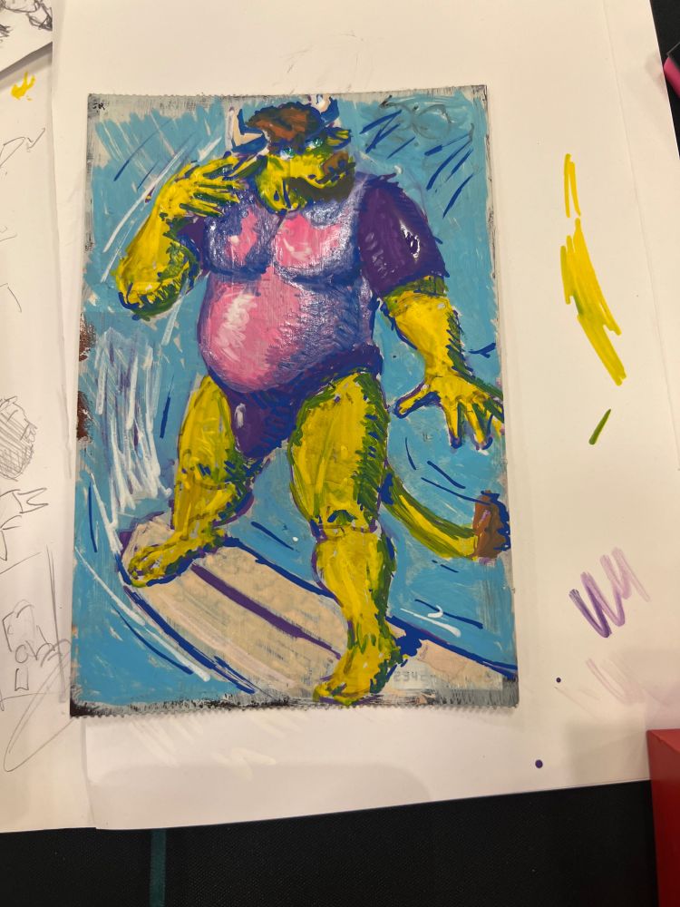 Scratch off ticket of a middle age cow man surfing .