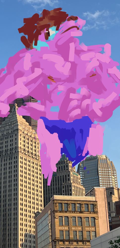 Digital painting of a giant furry towering over Pittsburgh 