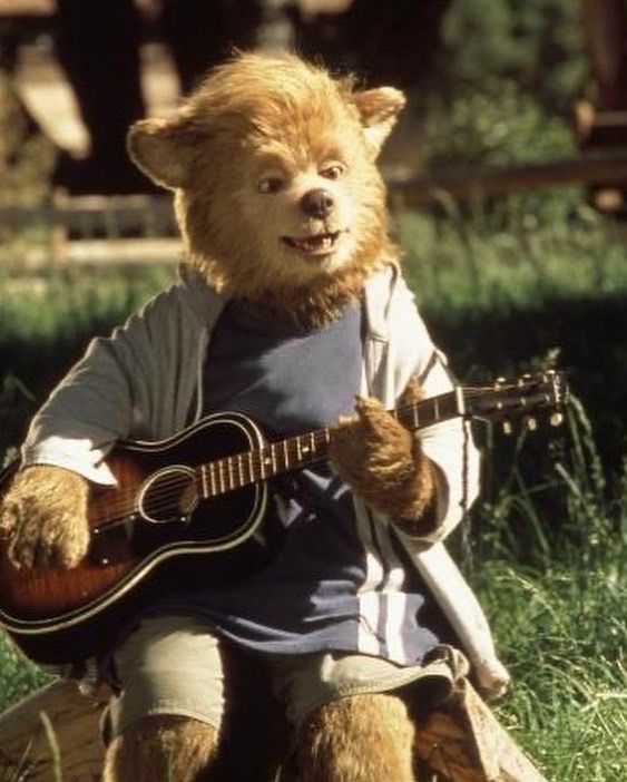 Beary Barrington from The Country Bears (2002). He is a small brown bear wearing beige shorts, a navy blue shirt with white racing stripes, and a grey zip up hoodie. He is sitting on a pile of wood and holding a guitar.
