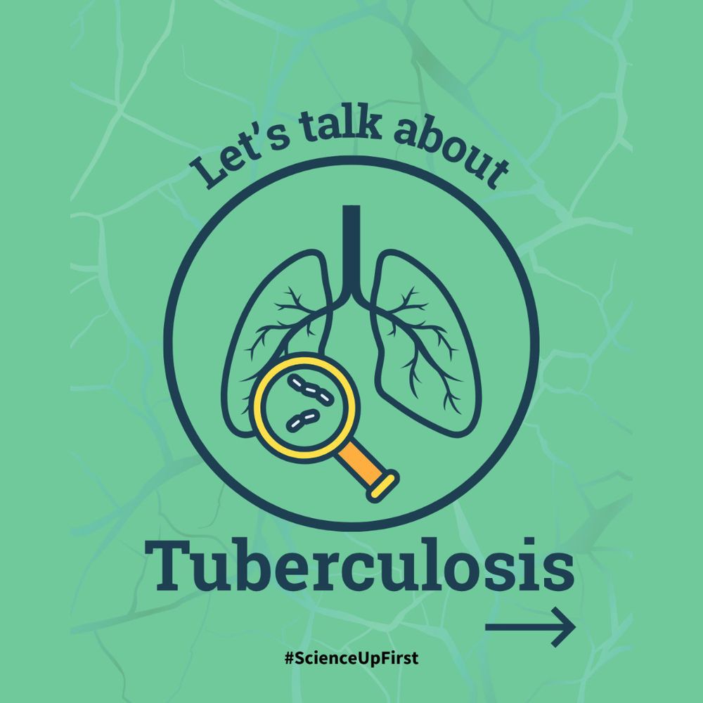 Visual on a green background with a cell pattern. In the center, an illustration of stylized lungs surrounded by a dark blue circle. A yellow and orange magnifying glass shows rod-shaped bacteria inside the left lung. At the top of the circle, it reads “Let's talk about:”, and below, in large blue letters, “Tuberculosis.” At the bottom right, an arrow points to the right. At the bottom of the image, the hashtag #ScienceUpFirst.