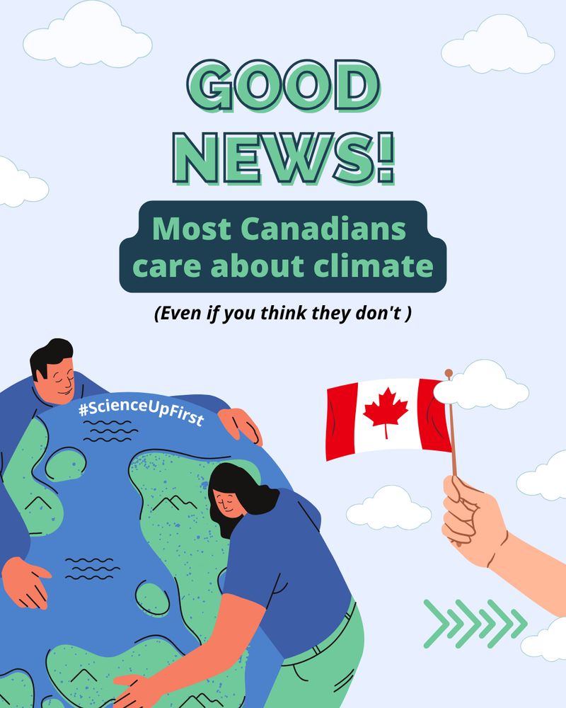 Two people are hugging planet Earth. There are clouds in the background. A hand is waving the Canadian flag. There is a message that says “GOOD NEWS! Most Canadians care about climate (Even if you think they don't)” #ScienceUpFirst