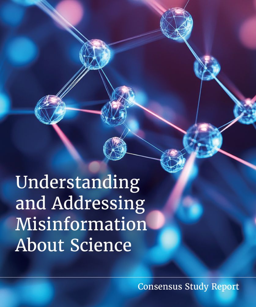 Cover of the report - it's in a blue/purple color scheme and shows an abstract illustration of a molecule and the title of the report "Understanding and Addressing Misinformation About Science Consensus Study Report" 
