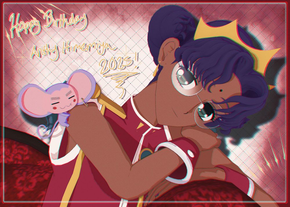 Artwork celebrating Anthy Himemiya's birthday. Anthy Himemiya is resting herself into the right arm part of the sofa. Chuchu is also holding her arm, near her shoulder. There is written text on the left part of this artwork that says, "Happy Birthday Anthy Himemiya 2025!"