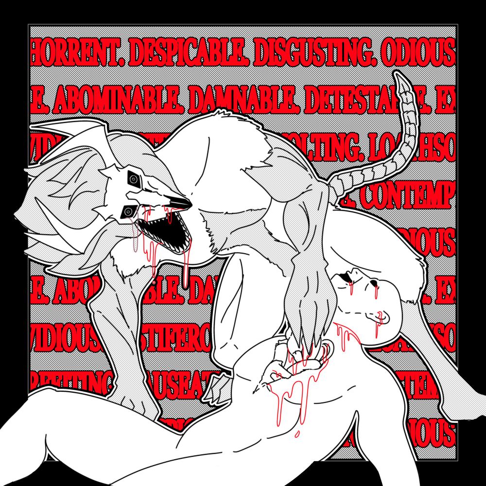 [ALTER] Dzel tears the heart out of a smiling body. The words "ABHORRENT. DESPICABLE. DISGUSTING. ODIOUS. REPULSIVE. 
VILE. ABOMINABLE. DAMNABLE. DETESTABLE. EXECRABLE. FOUL. 
INVIDIOUS. PESTIFEROUS. REVOLTING. LOATHSOME. REPUNGANT. 
SURFEITING. NAUSEATING. FULSOME. CONTEMPTIBLE. " Repeat in the background endlessly. 
