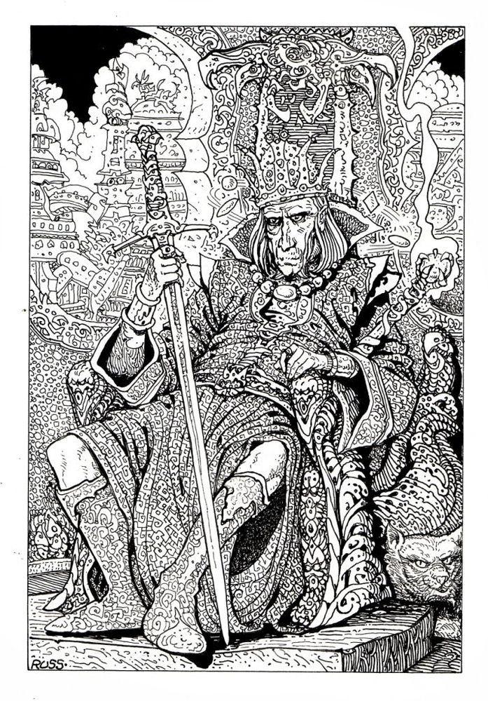 Russ Nicholson's illustration of the Invincible Overlord. An opulently dressed figure sitting atop an ornate throne holding a large sword.
