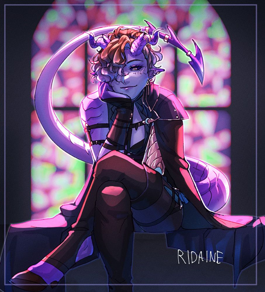A purple tiefling woman sits, legs crossed and hunched over. She rests her chin on her hand and looks down at the viewer with a smug grin. Her brown and purple hair falls over one eye, and the rest is pulled back into a ponytail. Her tail waves idly behind her.

The background is an out of focus stained glass window, made of reds, purples, and greens.