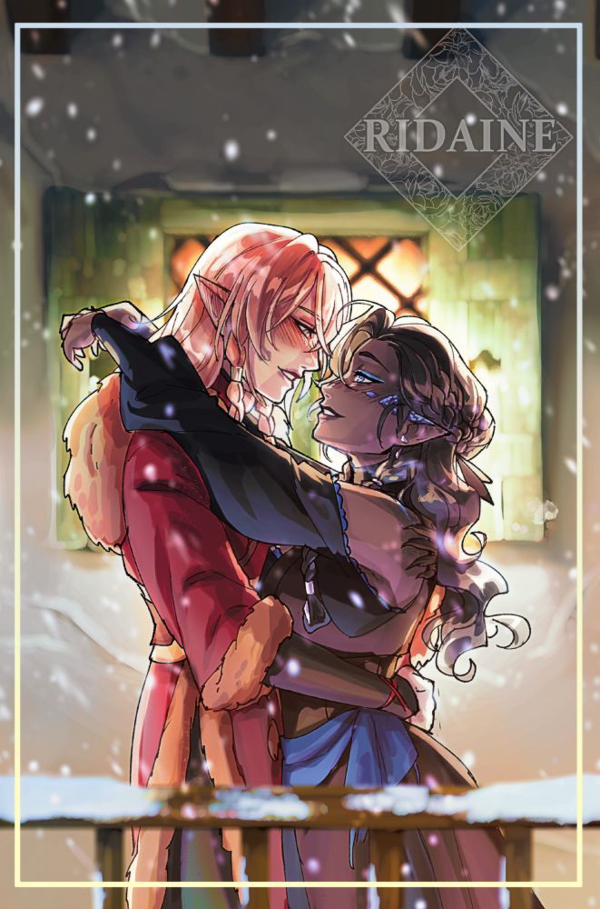 Two women, Freyja and Aluviel standing on a porch in the winter. The shorter woman is a half-drow with dark wavy hair and blue eyes. She's got blue scales at the tops of her ears and on her cheeks, both of which are red with blush. She's got her arms over the shoulders of a taller, fair skinned shifter woman with pink/peach coloured hair named Aluviel. She's gazing up at her lovingly, her lipstick still on her lips and cheek.

The two women are looking at each other adoringly, having just shared their first kiss after a confession. Behind them is a window with green shutters, emitting a faint warm glow.