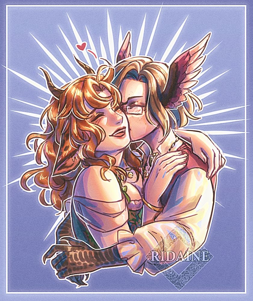 A bust drawing of two women holding each other lovingly. One woman with wavy ginger hair and goat ears/horns smiles brightly as another woman with short brown and glasses is kissing her on the cheek, with her arms wrapped around her. 

The two designs are based on Ridaine and Cerylune's Renaissance Faire looks. These bitches gay as helllll