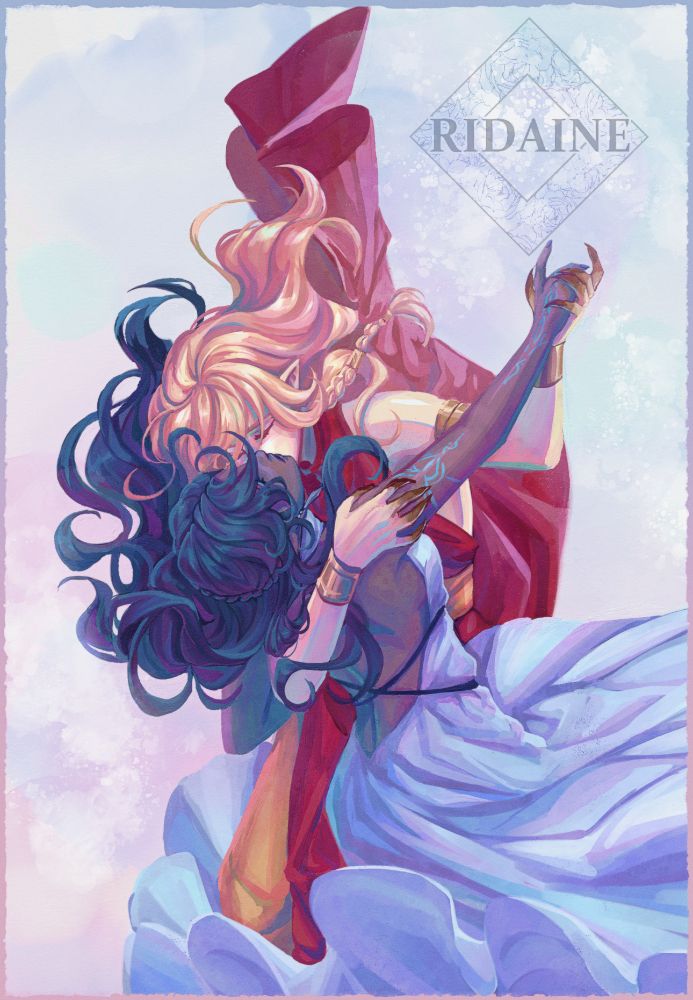 A digital painting of two women being gay as hell. A peach haired woman with red clothing and gold accessories gently kisses the cheek of a half-drow woman. She has one clawed hand holding onto her shoulder and the other extended holding her hand like a dance. 
The half-drow woman has long dark curly hair and a backless light blue dress that floats up around them. 

The peach haired character belongs to @Cerylune