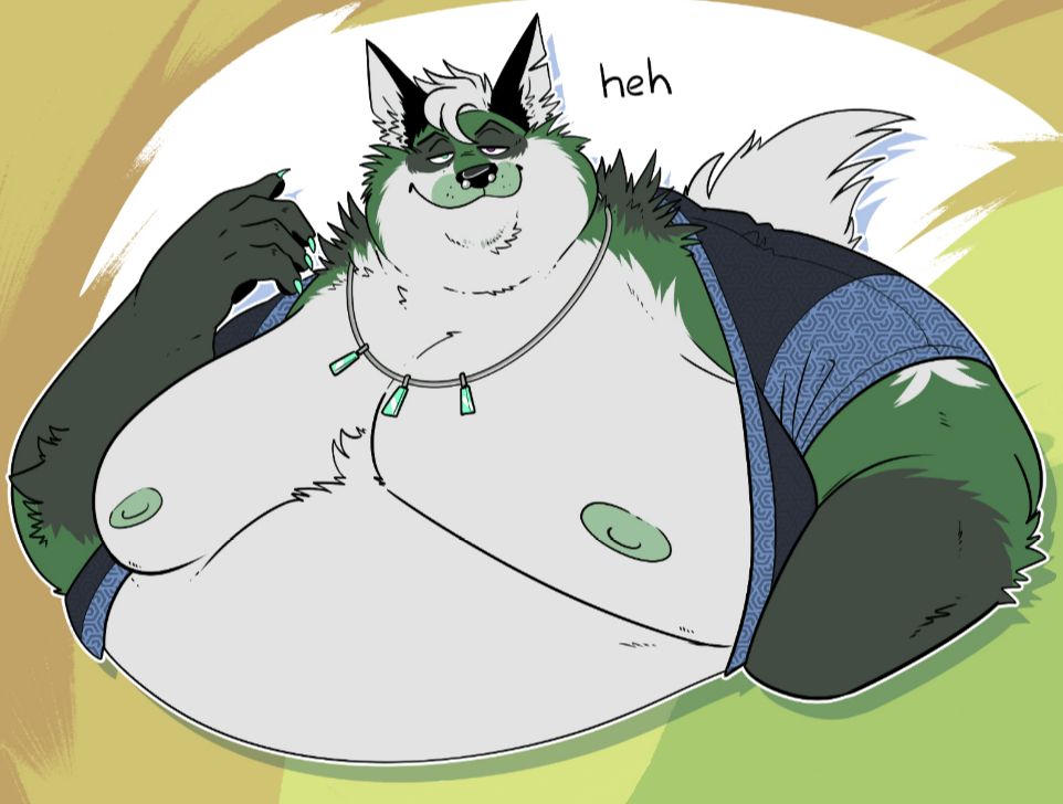 Bust of Malachi, he's got a smug expression and an open shirt, revealing his very sizeable and soft moobs. The fox has white belly fur/hair/tail, green body fur and dark gray paws/eye sockets/upper back fur. He's also got heterochromia (non-matching eye colors), with his left eye purple and his right eye light green.