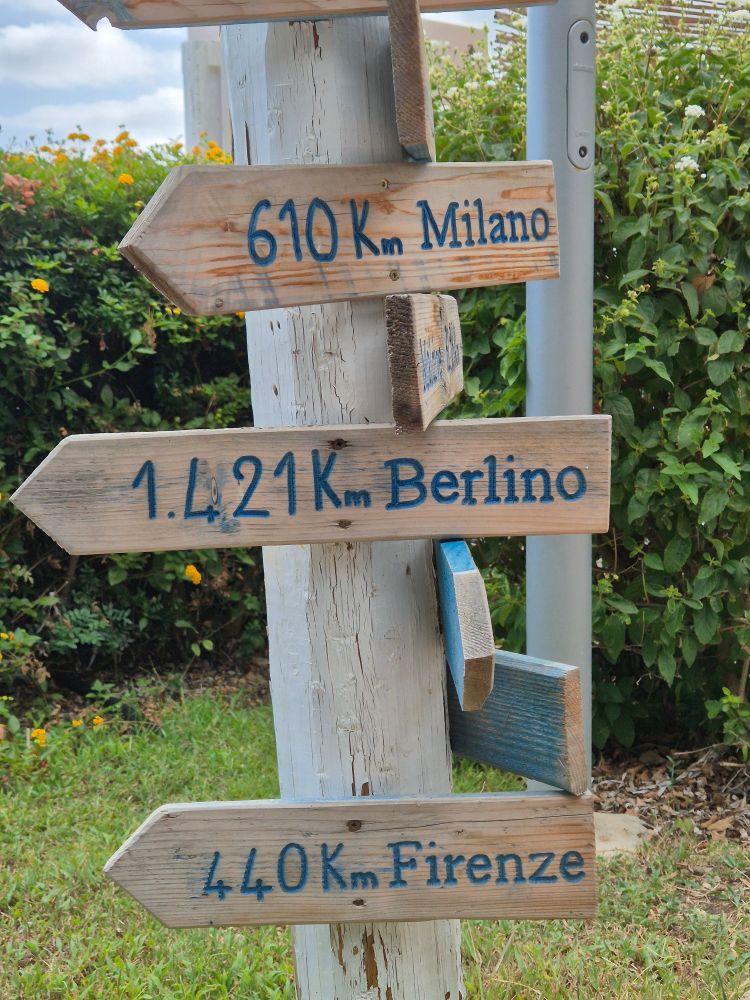 So ein Pfahl mit allen möglichen Pfeilen in verschiedene Himmelsrichtungen mit Distanzen zu den genannten Städten, zu sehen Milano (610 Km), Berlino (1421 Km) und Firenze (440 Km).