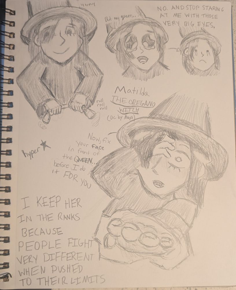 Top left is the warm-up. Matilda is rolling up a piece of paper 
On the right side, she looks on the verge of tears. She says "but my queen..." The Queen off screen, responds "NO. AND STOP STARING AT ME WITH THOSE VERY BIG EYES." Matilda's eyes get smaller. 
In the middle, Matilda looks as if on her last nerve. She says, "Now, fix your face in front of the QUEEN... before I do it FOR YOU"
The Queen is off screen, saying "I KEEP HER IN THE RANKS BECAUSE PEOPLE FIGHT VERY DIFFERENT WHEN PUSHED TO THEIR LIMITS"
