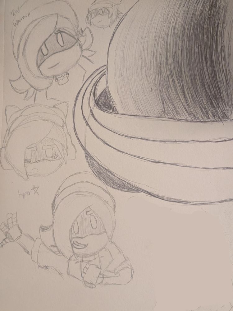 Four sketches of Uzi in pencil, and a sketch of the (moons?) of murder drones in pen