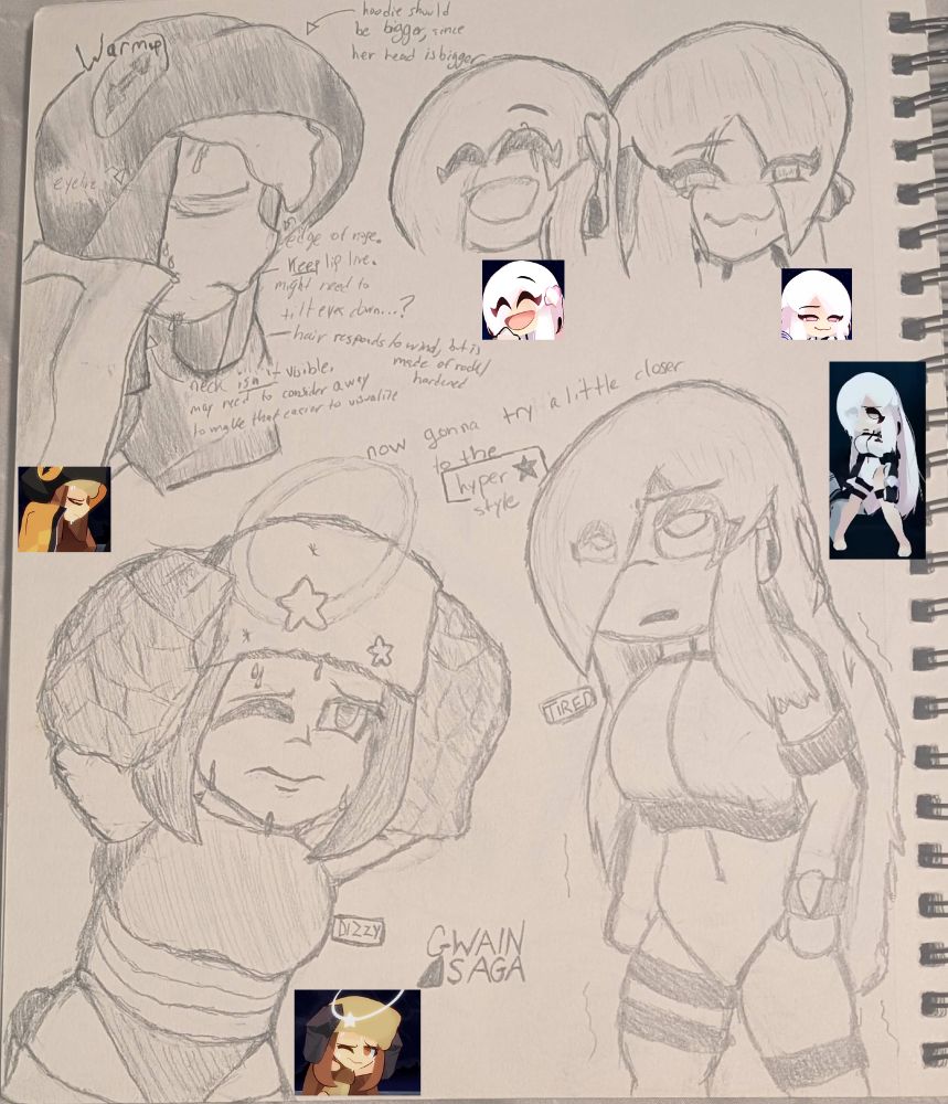 Various frames from Gwain Saga - characters are Ami and Lanney. 
notes for drawing not relevant.
top left a warmup. Lanney is wearing Geo's hoodie and is exhausted. 
top right are two expressions of Ami, one happy and one smug. }[counted as one day drawing.]
bottom left is Lanney, dizzy from battle.
bottom right is Ami, who overexerted herself in battle. 

Lanney's expressions are from Gwain Saga ep 007, Ami's expressions are from gwain saga ep 008