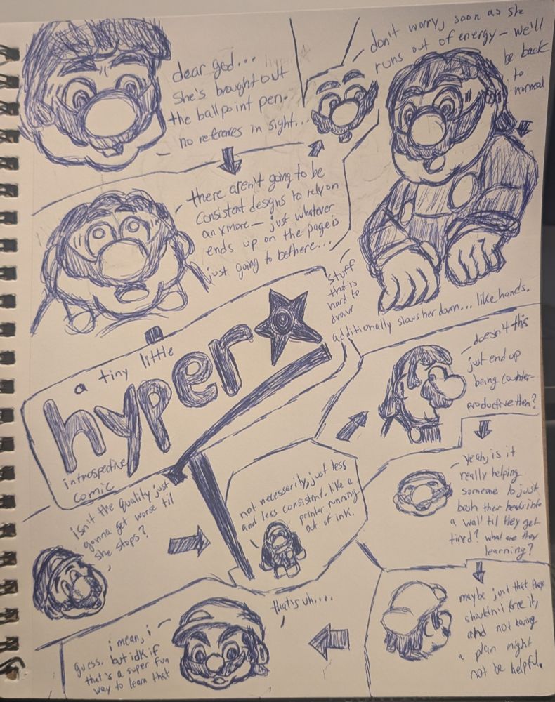 [a tiny little hyper introspective comic]
follows the arrows. various sketches of super mario of varying quality. 

dear god, she's brought out the ballpoint pen. no references in sight....

there aren't going to be consistent designs to rely on anymore- just whatever ends up on the page is just going to be there...

don't worry, soon as she runs out of energy- we'll be back to normal

stuff that is hard to draw additionally slows her down... like hands. 

isn't the quality just gonna get worse til she stops?

not necessarily, just less and less consistent. like a printer running out of ink. 

doesn't this just end up being counterproductive then?

yeah, is it really helping someone to just bash their heads into a wall til they get tired? what are they learning? 

maybe that they shouldn't force it, and not having a plan might not be helpful. 

that's uh.... i mean, i guess. but idk if that's a super fun way to learn that. 
