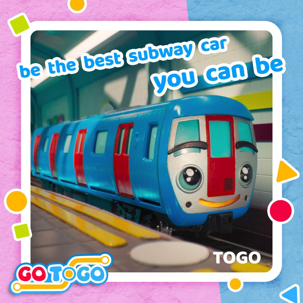 A kawaii-inspired, smiling subway car model miniature character in a colourful subway station.