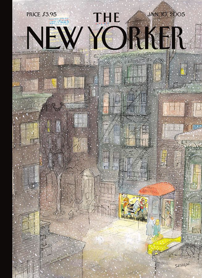New Yorker magazine cover art by Jean-Jacques Sempé, snow falling on a New York neighbourhood of four and five storey buildings. One window is lit up, a jazz band playing inside a small club with an awning on the street. 