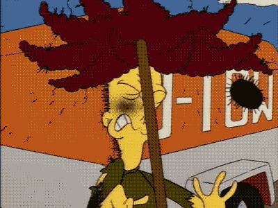 Sideshow Bob being hit in the face by a rake handle.