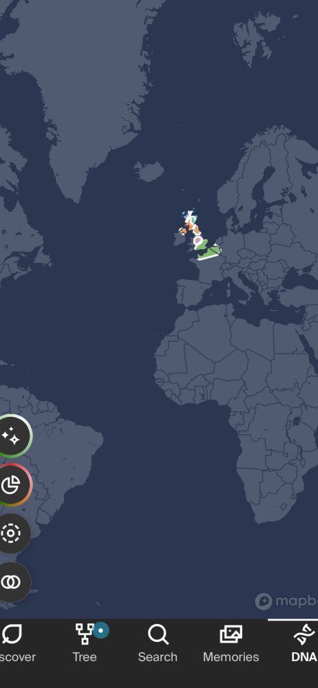 A map with the highlighted areas on the UK, Ireland, Belgium, Netherlands and France, showing where my ancestors are from. 