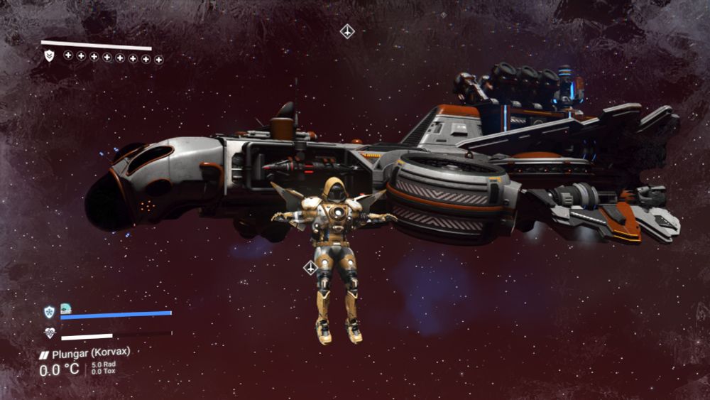 a man floating infront of a medium sized spacecraft