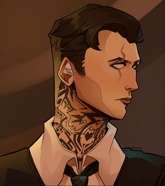 headshot of the character midas from fortnite in his original costume with a vest and white shirt. it's a side profile of him looking to the right, with a stronger yellow light hitting the left of him and a softer blue light hitting the right.