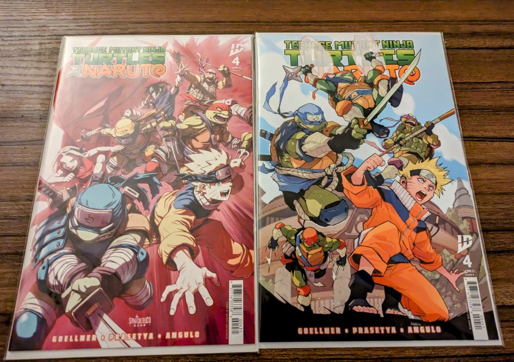 Two comic book covers: Teenage Mutant Ninja Turtles crossover with Naruto. 