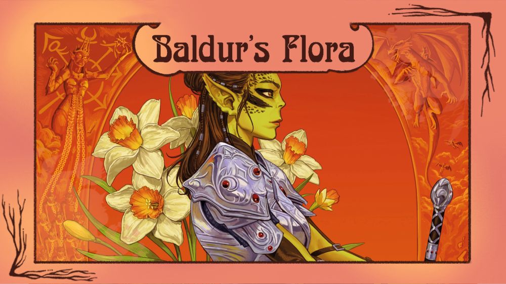 Frame saying Baldur’s Flora. The image framed is a digital painting of Lae’zel of Crèche K'liir, Vlaakith and Orpheus upon a red dragon.