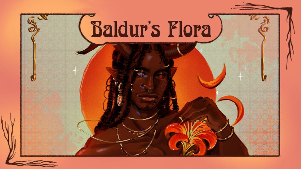 Frame saying “Baldur’s Flora.” The image framed is a digital painting of Wyll Ravengard, the Blade of Frontiers, holding an orange swamp lily.
