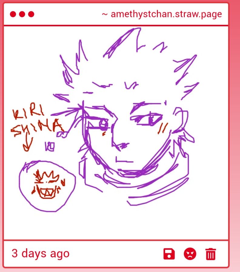 Art gimmick of Shinsō Hitoshi with a little Kirishima in a bubble. Shinsō is drawing in purple, looking to the left while facing right with little blush marks on his cheeks. Kirishima is red, smiling in the white and purple bubble to the right of Shinsō.

There is a red arrow pointing at the bubble with Kirishima's family name above it