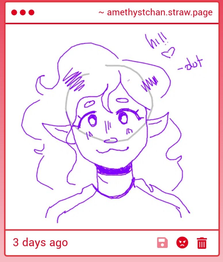 Art gimmick of my persona (pronouns She/they for context). She is looking forward with a smile on their face.

The gimmick uses purple for the main color. Their hair is wavy, ears are pointed like an elf's, tinier eyebrows, eyes include two eyelashes each and she is wearing a short sleeve shirt.

The left side of the canvas says: hii!! <3 -dot 