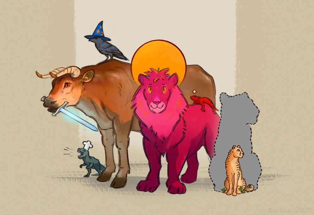 A group picture of a party of animals, from left to right - a tiny T-rex with a chef hat roaring, a cow with gold decorations on its horns, holding a glowing sword in its mouth, a big crow with a wizard hat, a pink lion looking at the viewer with a halo circle around its head, a tiny red lizard on the lion's rump, a cheetah with plants growing by its feet and behind it a dashed shilouette of a larger feline
