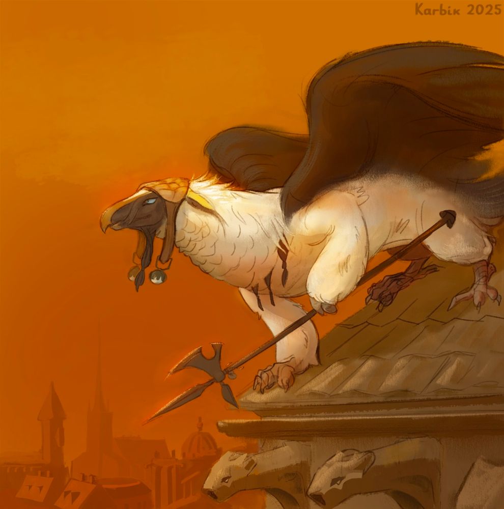 A white griffon stands on a rooftop, looking onward and holding a halberd in one of its arms. It's head is reminiscent of a bearded vulture and it is wearing a hat. In the background is a medieval'ish cityscape and the sky is orange