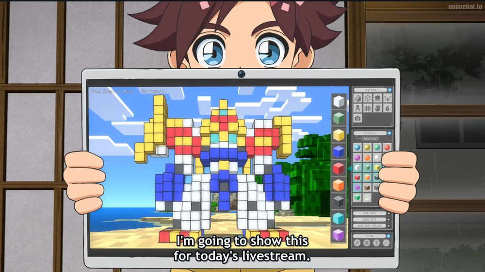 Wataru holding up a tablet, showing off his cool block creature design