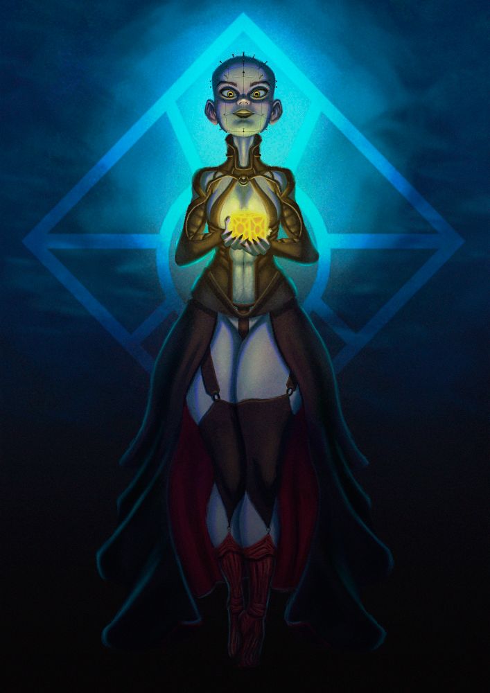 Ilustración digital de fantasía oscura. En el centro, una figura femenina de piel pálida, con la cabeza calva cubierta por un patrón de alfileres y grandes ojos amarillos que miran al frente. Sostiene con ambas manos un cubo dorado que emite una intensa luz cálida, iluminando su rostro y torso. Viste un atuendo complejo con un corsé de aspecto de cuero, medias altas oscuras y una falda larga abierta al frente. Detrás de ella, un gran rombo de neón azul brilla sobre un fondo oscuro, enmarcando su silueta y creando una atmósfera misteriosa y siniestra.