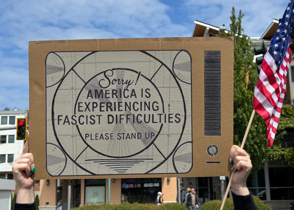 A sign is painted on a piece of cardboard to resemble an old TV. The screen reads Sorry! America is experiencing fascist difficulties. Please stand up in black lettering. Behind the letters are two concentric circles and grids with circles in the corners.