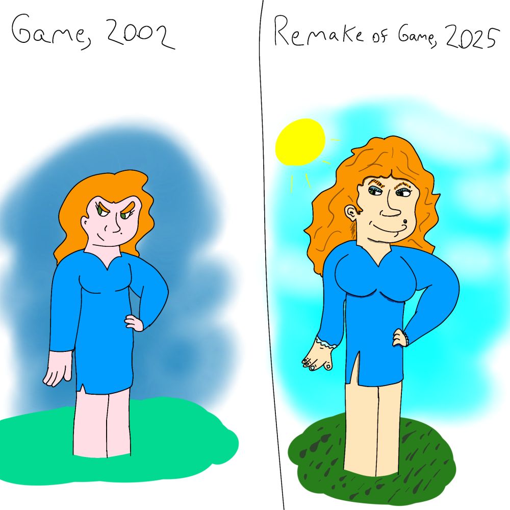 Left image: it reads "Game, 2002." A drawing of a white woman in a blue dress with orange hair, with cooler colors used throughout. 

Right image: it reads "remake of game, 2025" and features the same woman drawn with more detail in less creative colors. Everything about her proportions us wrong but her face and hands are drawn to look more realistic. 